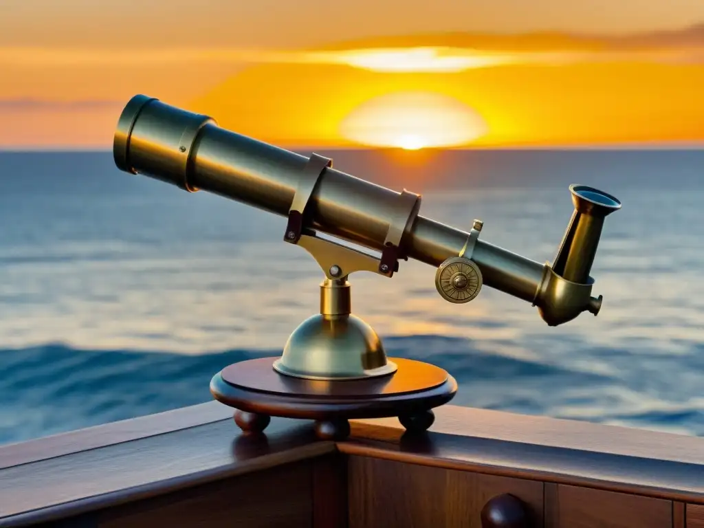 Telescopio vintage de latón sobre base de madera, frente al horizonte marino al atardecer, reflejando la luz dorada del sol