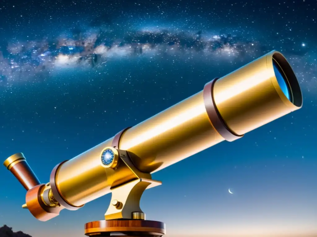 Un telescopio vintage brillante contra un cielo estrellado, evocando maravilla y exploración