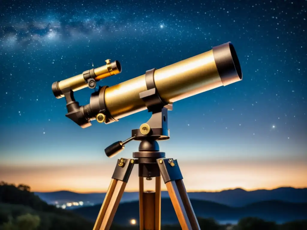 Un telescopio vintage apuntando a una brillante constelación en el cielo nocturno, iluminado por una cálida luz