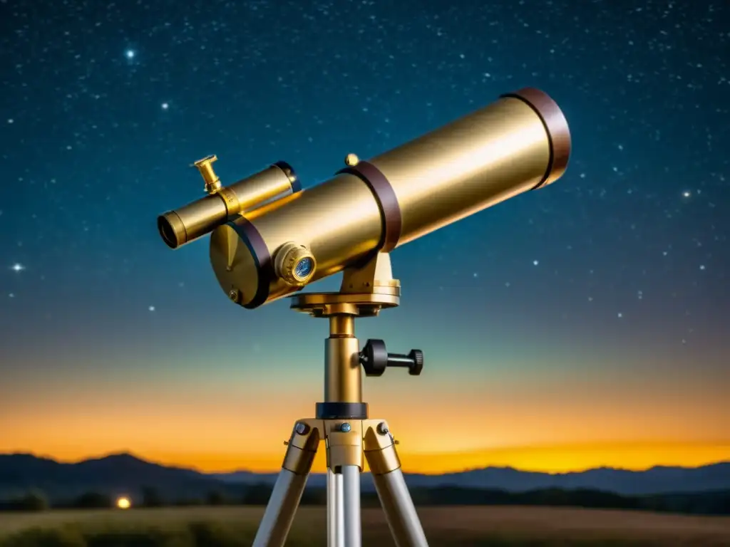 Un telescopio vintage en un campo abierto iluminado por una linterna, con un cielo estrellado de fondo