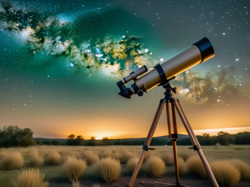 Un telescopio vintage en un campo estrellado apuntando a constelaciones