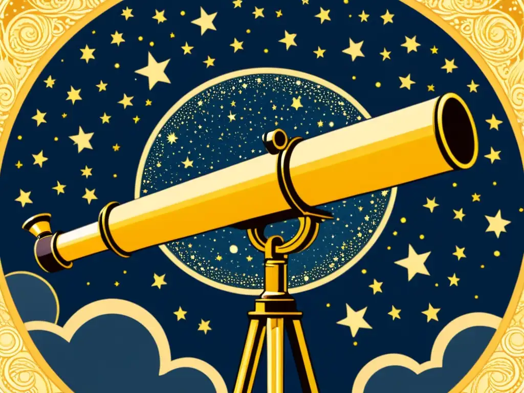 Un telescopio vintage apuntando al cielo estrellado, con detalles intrincados y un aura de misterio y exploración