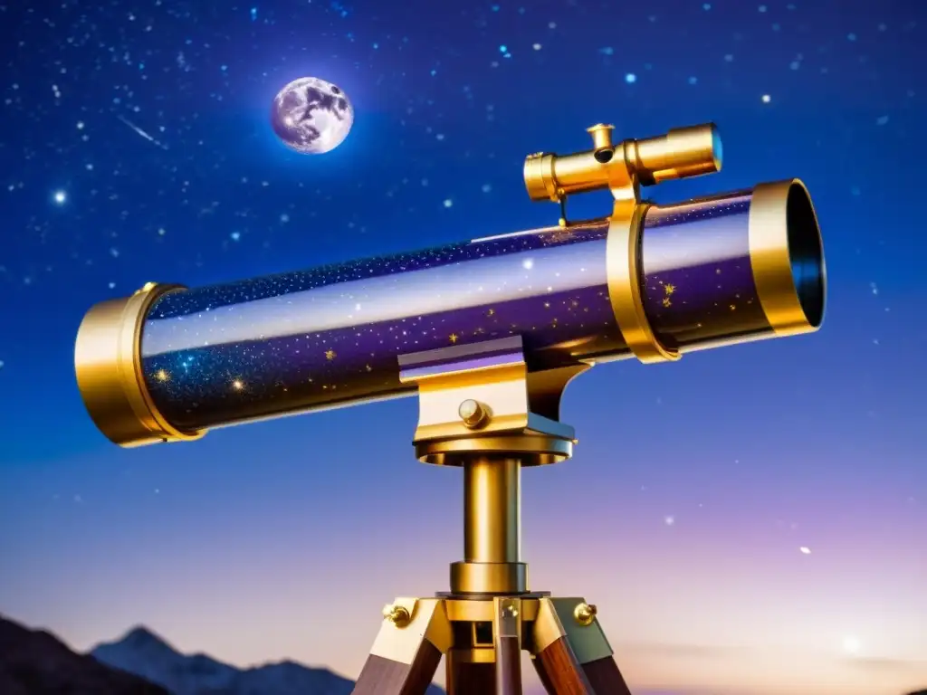 Un telescopio vintage en un cielo estrellado con la luna y constelaciones