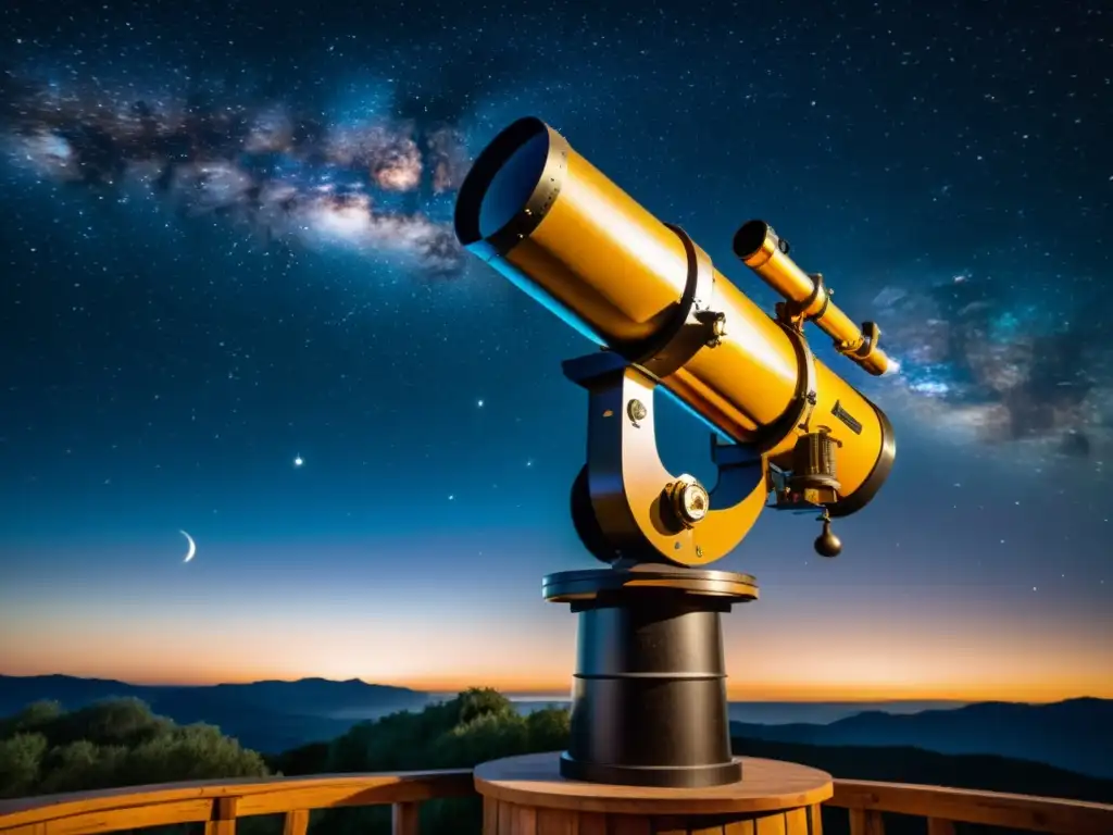 Telescopio vintage apuntando hacia el cielo estrellado, capturando la belleza del cosmos con ricos colores y detalles de galaxias y nebulosas