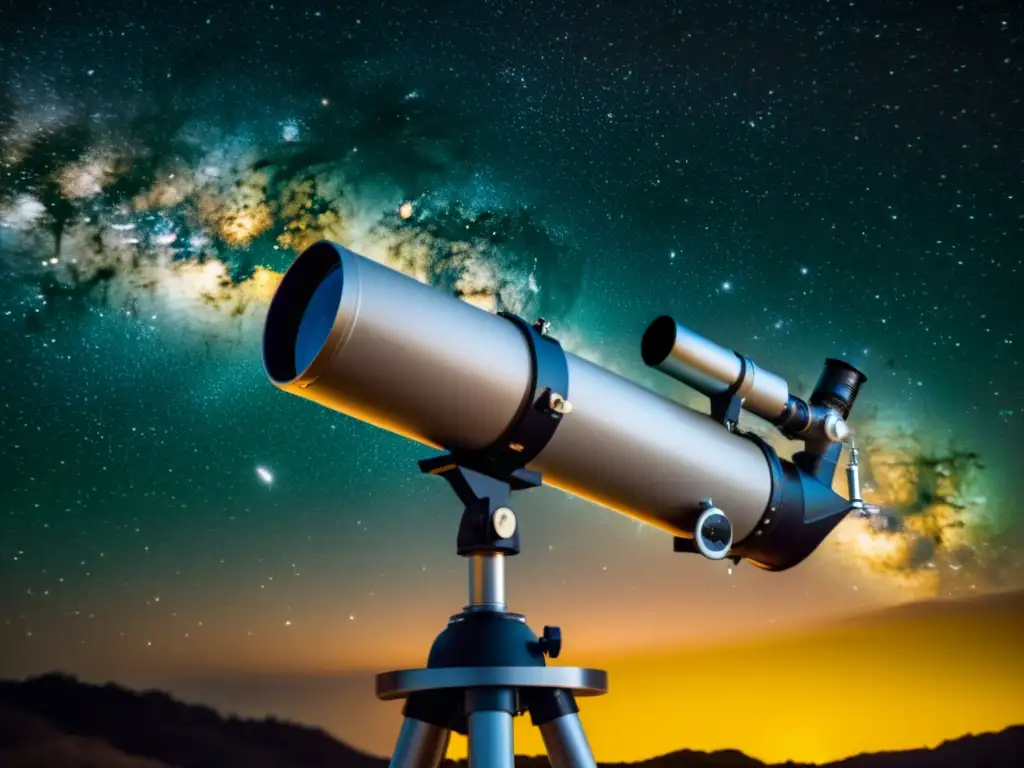 Un telescopio vintage apunta al cielo estrellado, capturando la belleza del cosmos