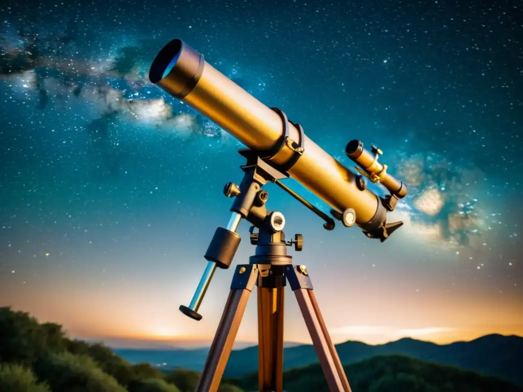 Telescopio vintage apuntando al cielo estrellado con la Vía Láctea de fondo