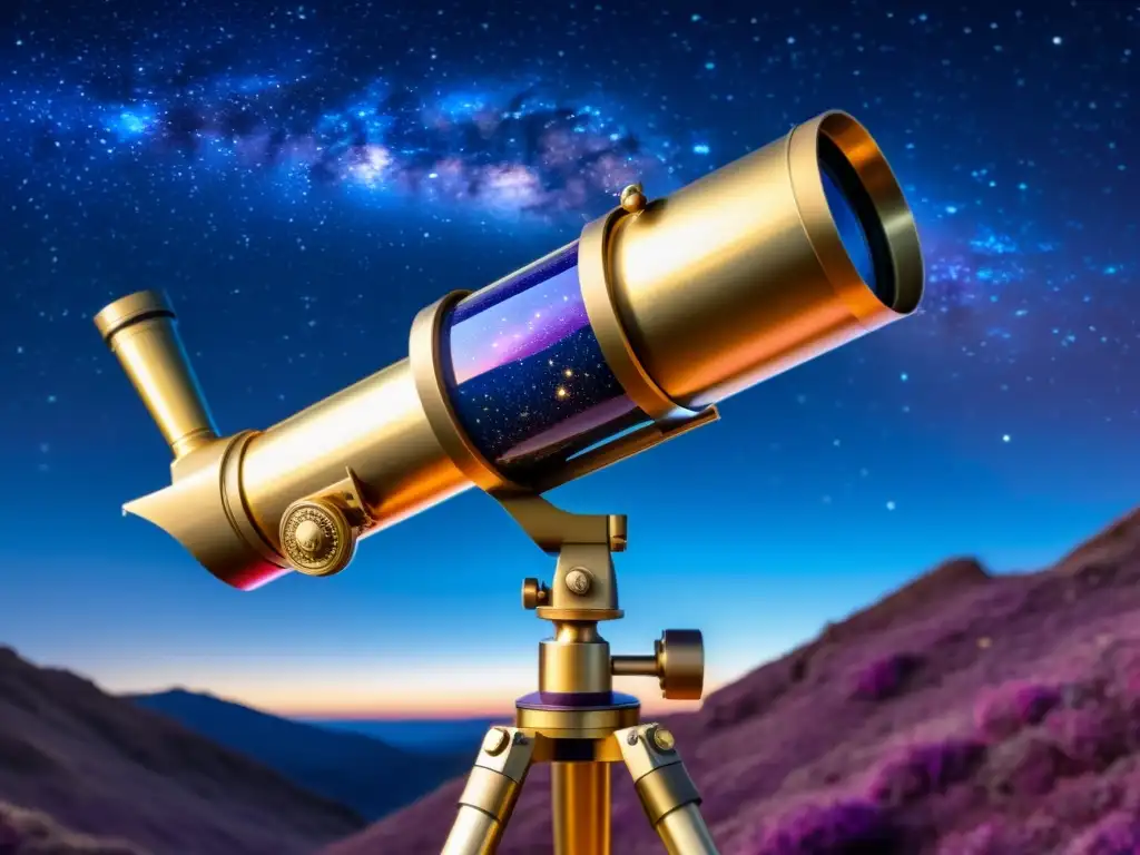 Telescopio vintage apuntando al cielo estrellado, reflejando la belleza cósmica