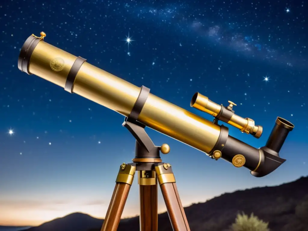 Telescopio vintage apuntando al cielo estrellado, con luna y constelaciones