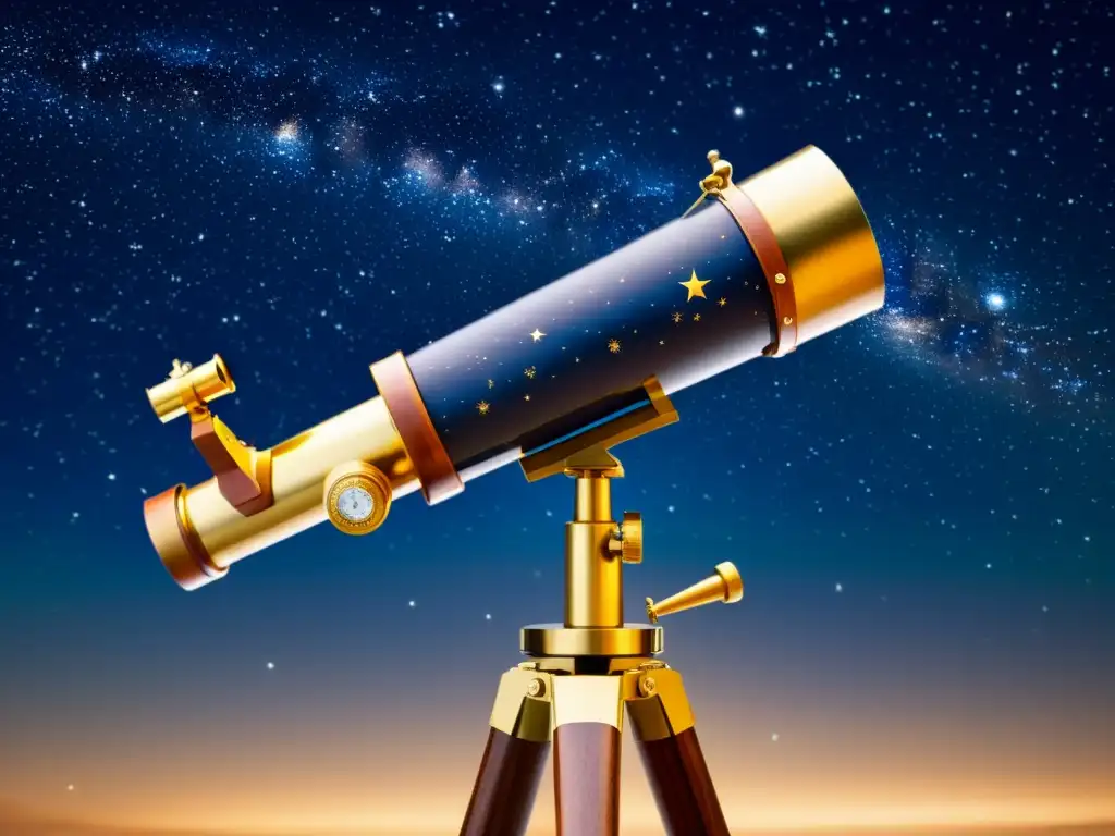 Telescopio vintage apuntando al cielo estrellado con constelaciones vívidas, evocando avances en visualización de constelaciones