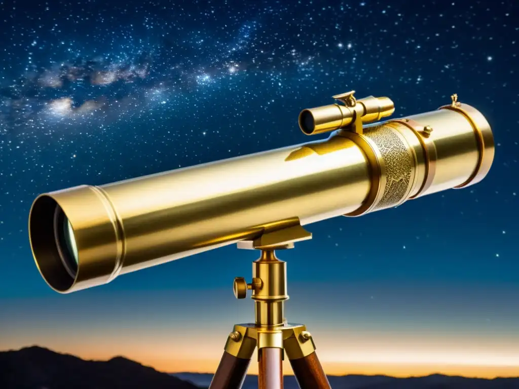 Un telescopio vintage de latón brilla bajo un cielo estrellado