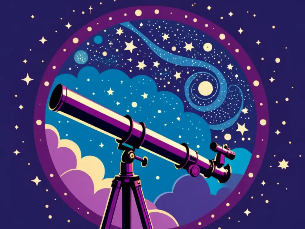 Un telescopio vintage apuntando hacia un cielo estrellado con detalles de constelaciones, nebulosas y galaxias