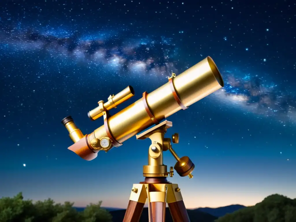 Un telescopio vintage apuntando al cielo estrellado, evocando la belleza del espacio y el seguimiento de satélites