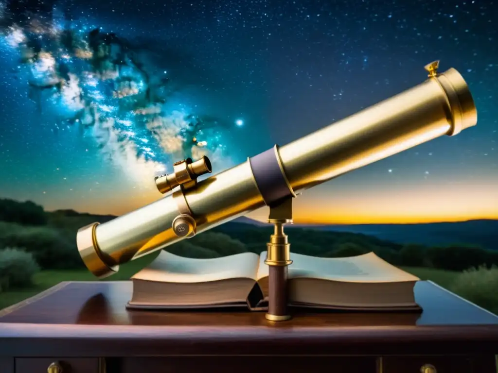 Un telescopio vintage apunta al cielo nocturno con la Vía Láctea de fondo