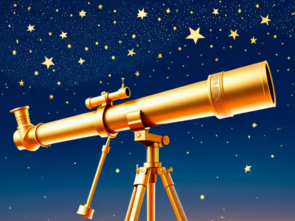 Un telescopio vintage apuntando al cielo nocturno, con detalles de constelaciones y estrellas