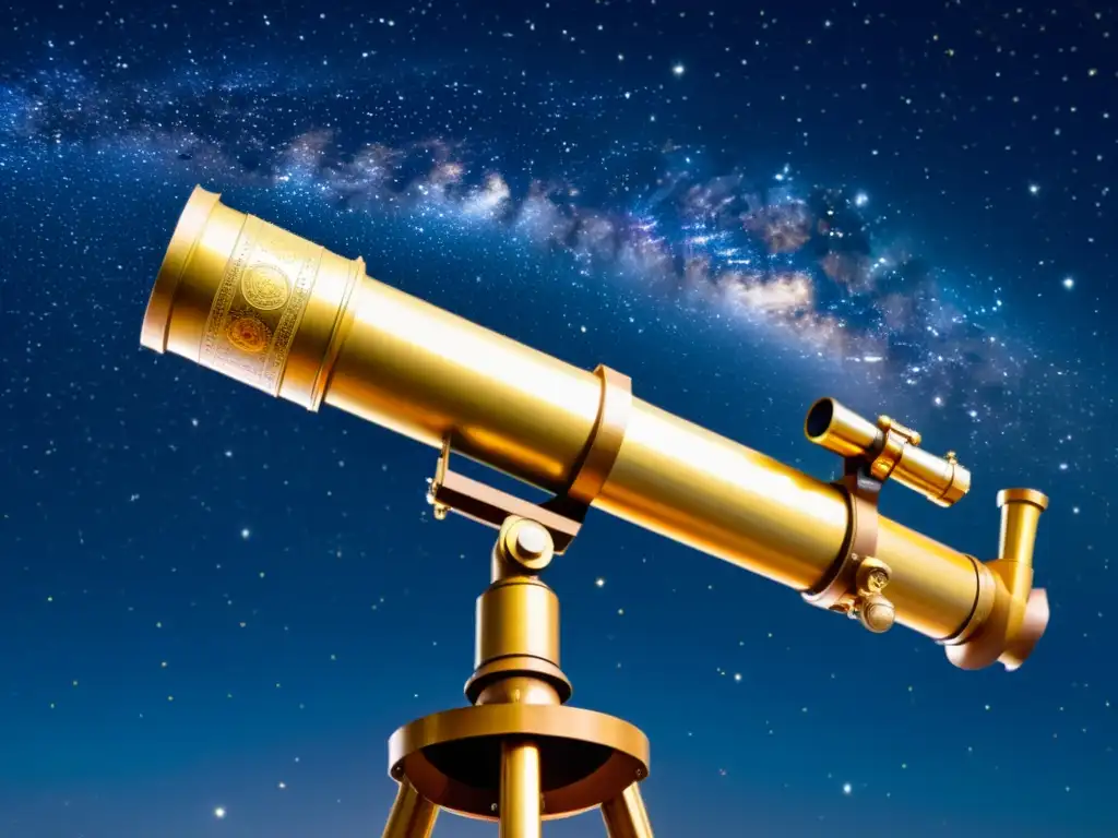 Un telescopio vintage apuntando al cielo nocturno, con detalles de constelaciones y estrellas a través de la lente