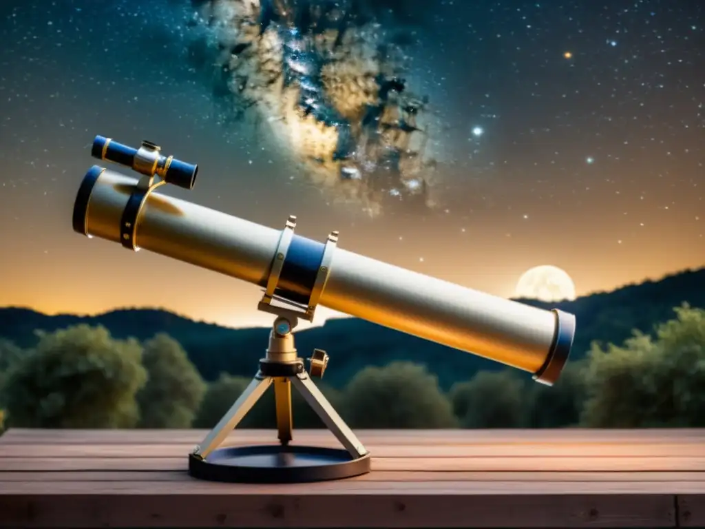 Telescopio vintage apuntando al cielo nocturno estrellado, con la Vía Láctea de fondo