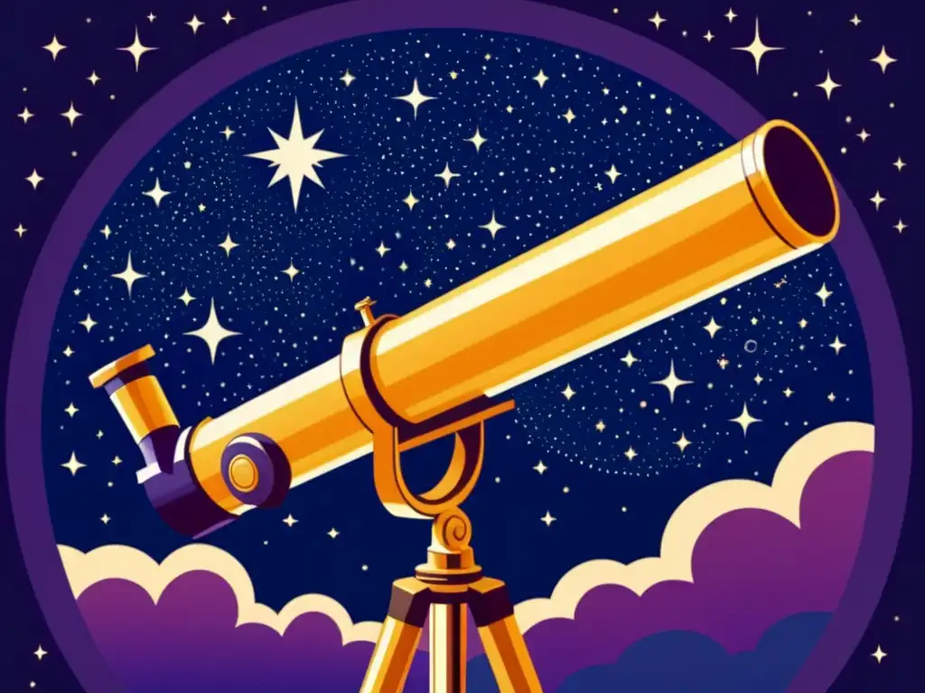 Explorando el Universo: Telescopio Vintage Un telescopio vintage escanea el cielo nocturno, capturando la belleza del universo con detalles intrincados de galaxias y estrellas en tonos azul y morado, evocando un sentido de maravilla y nostalgia, mientras el paisaje cósmico transmite la vastedad y misterio