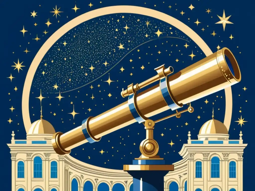 Un telescopio vintage apuntando al cielo nocturno con estrellas brillantes y cuerpos celestes, evocando el impacto del seeing astronómico