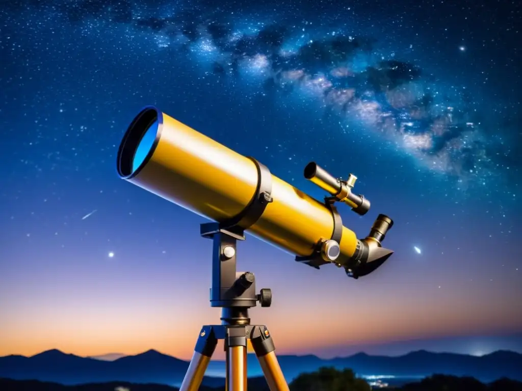 Un telescopio vintage apuntando al cielo nocturno, rodeado de filtros coloridos para observar constelaciones, resaltando perspectivas únicas