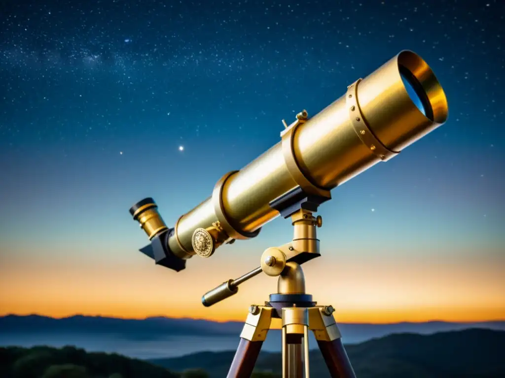 Telescopio vintage apuntando al cielo nocturno en montura equatorial de latón, con un ambiente nostálgico