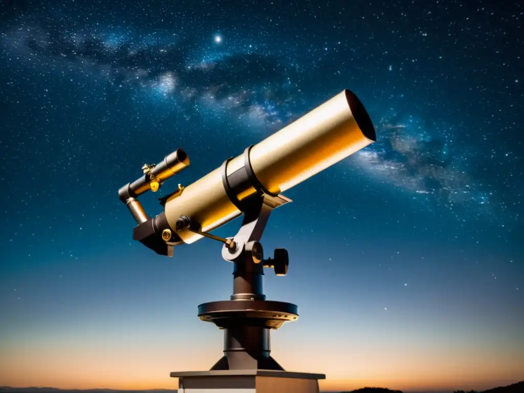 Un telescopio vintage apuntando al cielo nocturno, capturando la belleza cruda de una galaxia estrellada