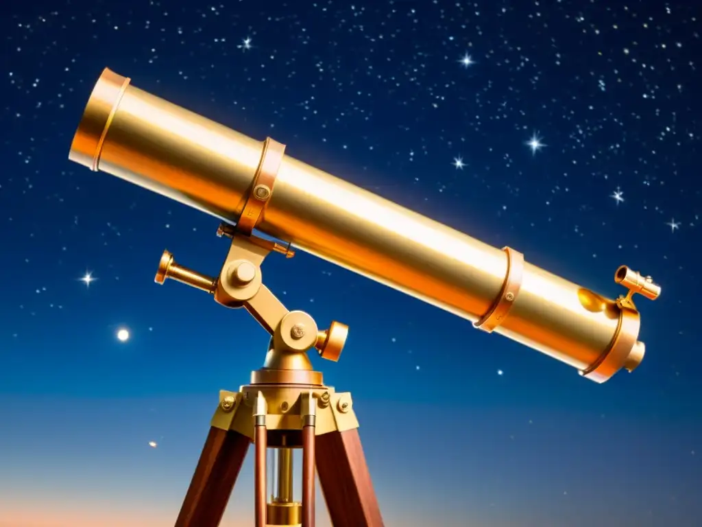 Un telescopio vintage de latón y cobre brillante, frente a un cielo estrellado