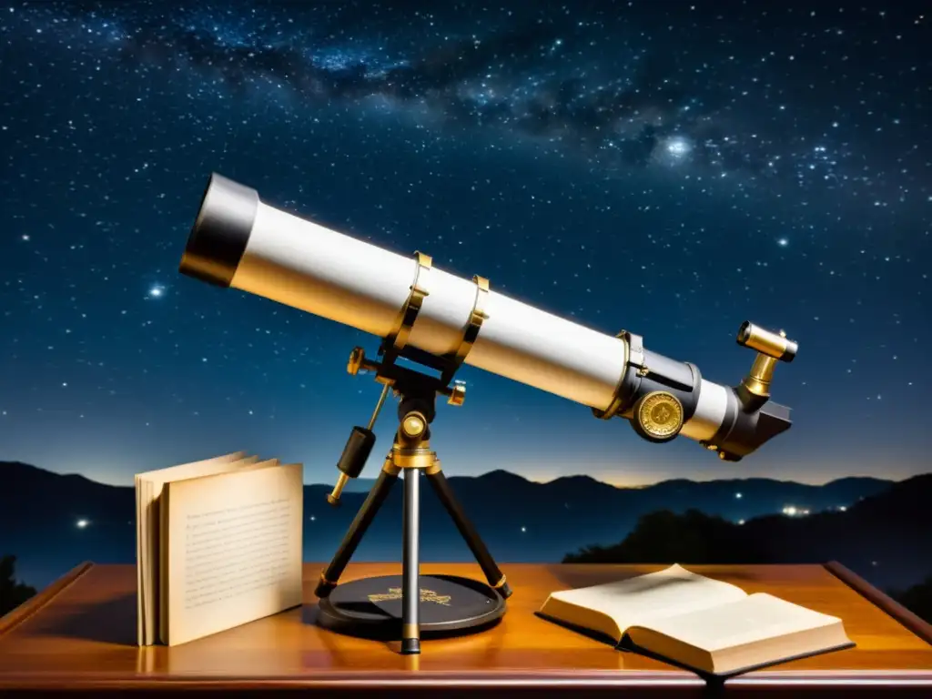 Telescopio vintage apuntando a la constelación de Sagitario en la noche estrellada, rodeado de libros de astronomía y herramientas antiguas