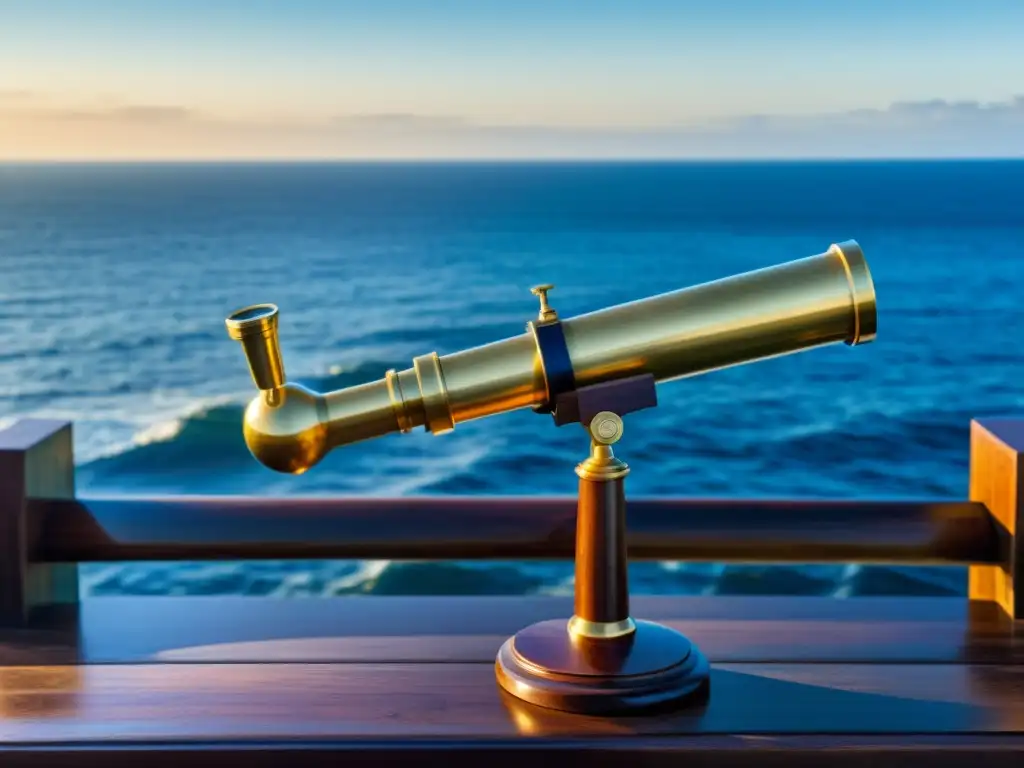 Telescopio vintage de latón en cubierta de madera, observando el océano al atardecer