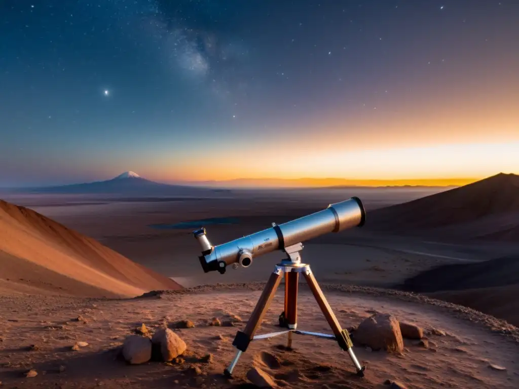 Telescopio vintage en el desierto de Atacama al atardecer, listo para la guía de observación estelar Atacama