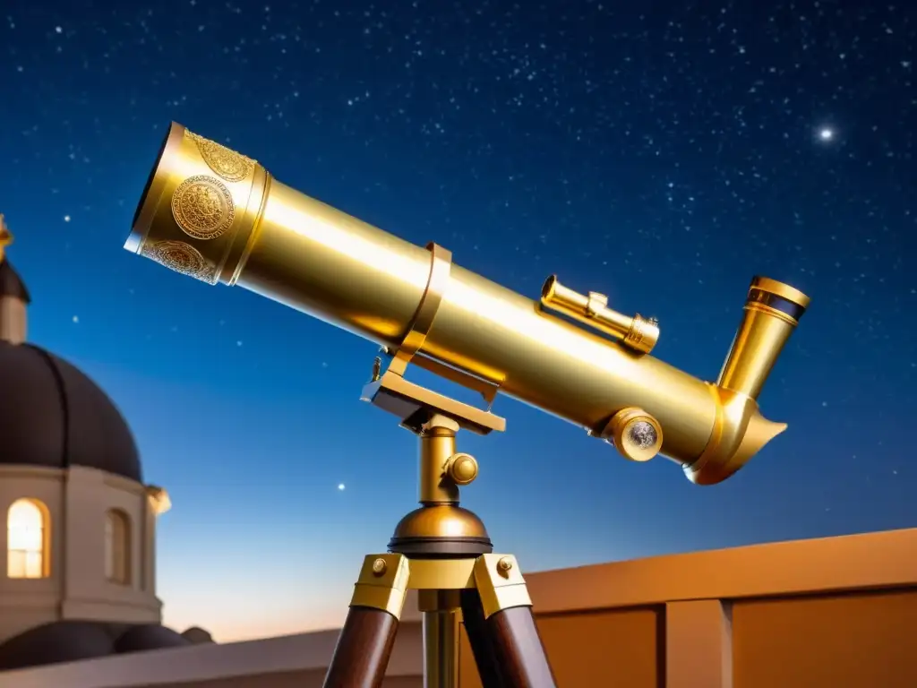 Un telescopio vintage apuntando hacia el deslumbrante cielo estrellado sobre un observatorio histórico iluminado por la luna