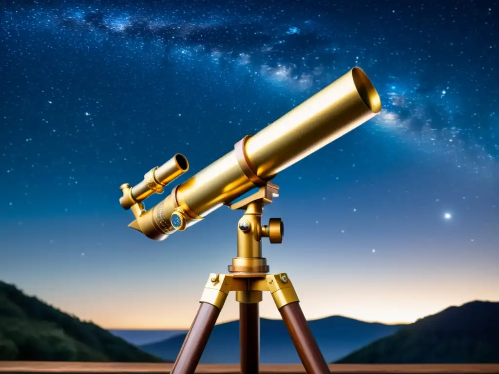 Un telescopio vintage de latón detallado en un cielo estrellado, evocando la diferencia entre astrología y astronomía