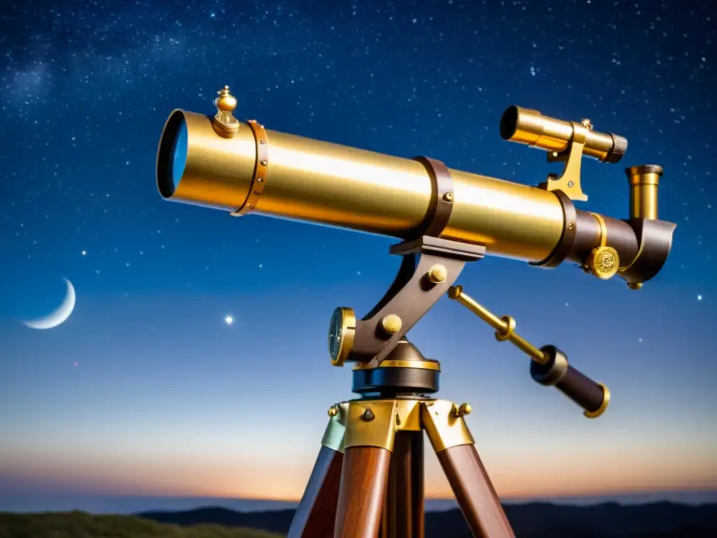 Un telescopio vintage de latón detallado apunta a las estrellas en una noche misteriosa