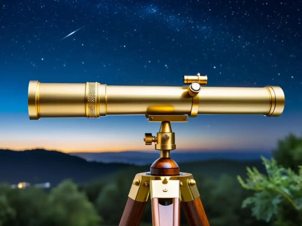 Un telescopio vintage detallado con grabados intrincados y un acabado de latón pulido, en un cielo estrellado