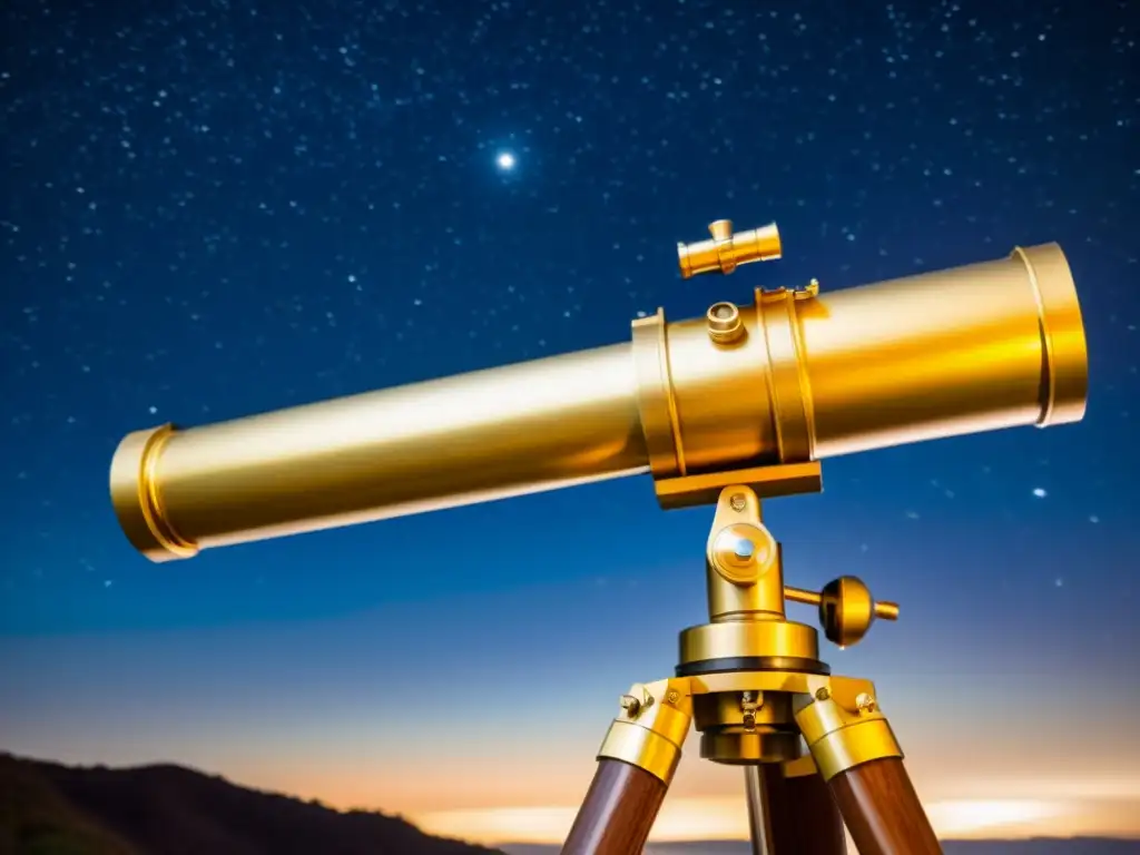 Un telescopio vintage de latón detallado sobre trípode de madera, con una lente pulida, bajo un cielo estrellado