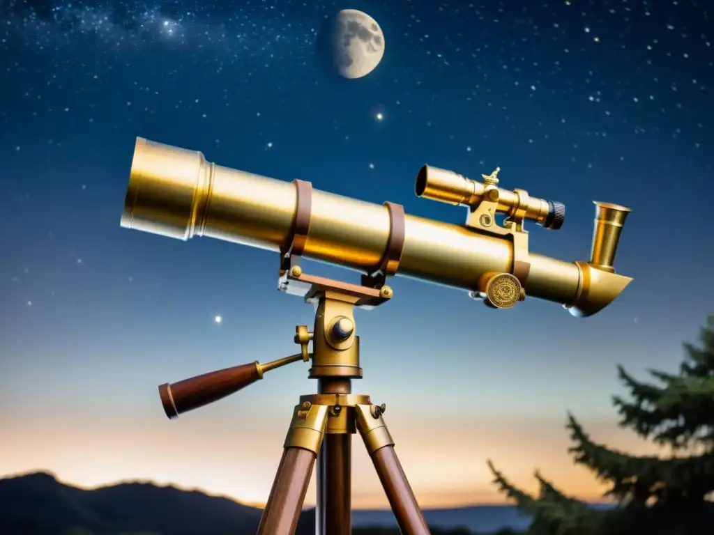 Un telescopio vintage de latón detallado con trípode de madera, bajo un cielo estrellado que invita a la contemplación