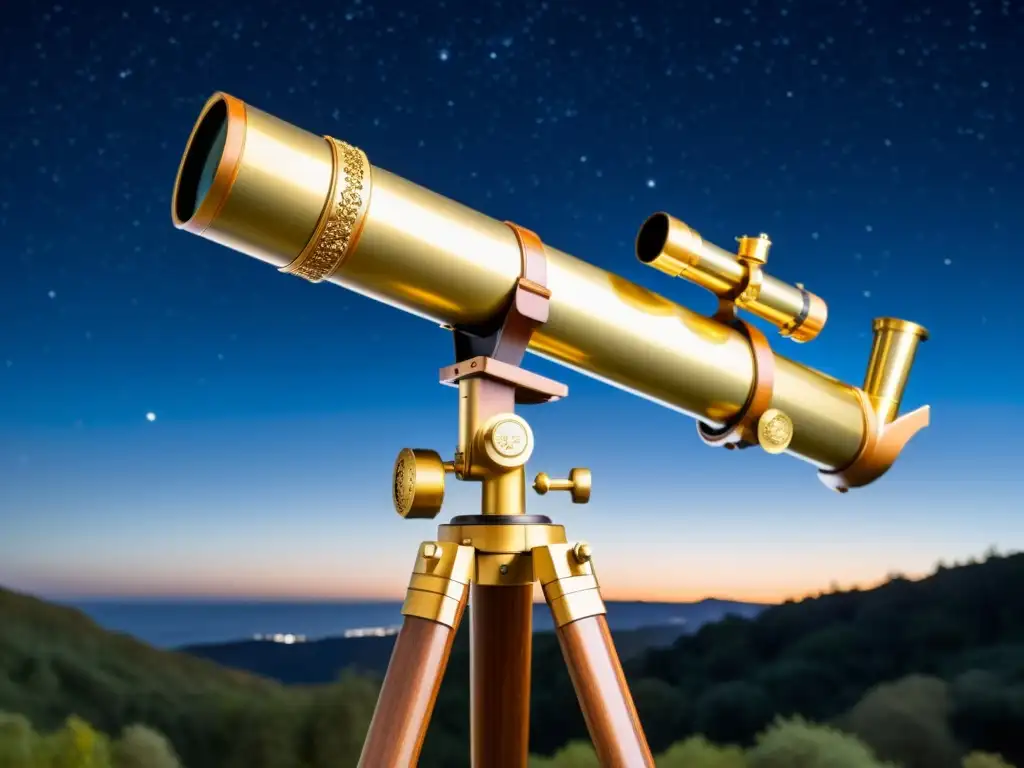 Telescopio vintage de latón detallado, en trípode de madera, apuntando al cielo estrellado