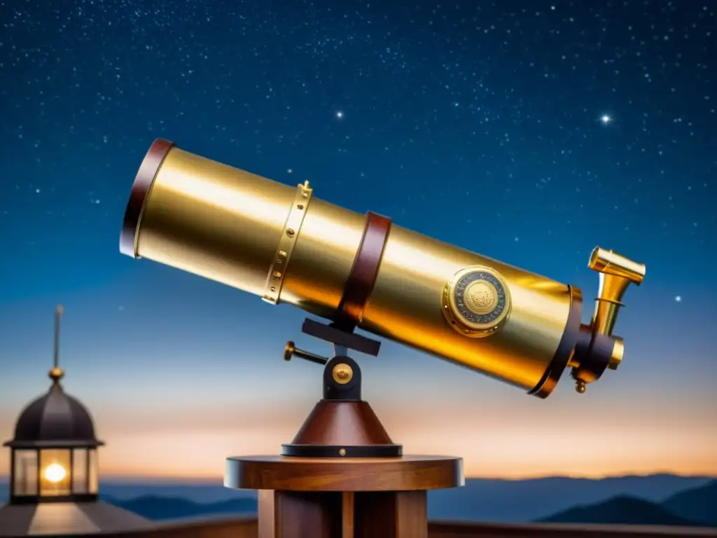 Un telescopio vintage detallado en un observatorio con un cielo estrellado de fondo, evocando historia y tradición