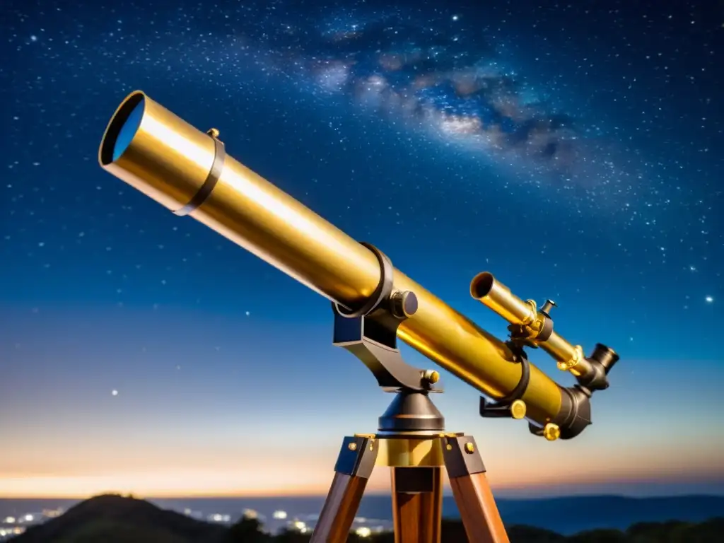 Telescopio vintage bajo las estrellas Un telescopio vintage de latón detallado descansa sobre un trípode de madera, apuntando hacia el cielo estrellado