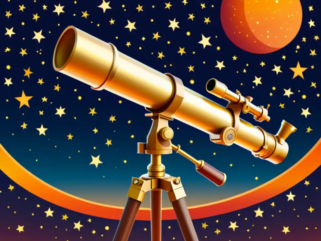 Un telescopio vintage detallado sobre un trípode, entre estrellas y planetas, evocando asombro y exploración