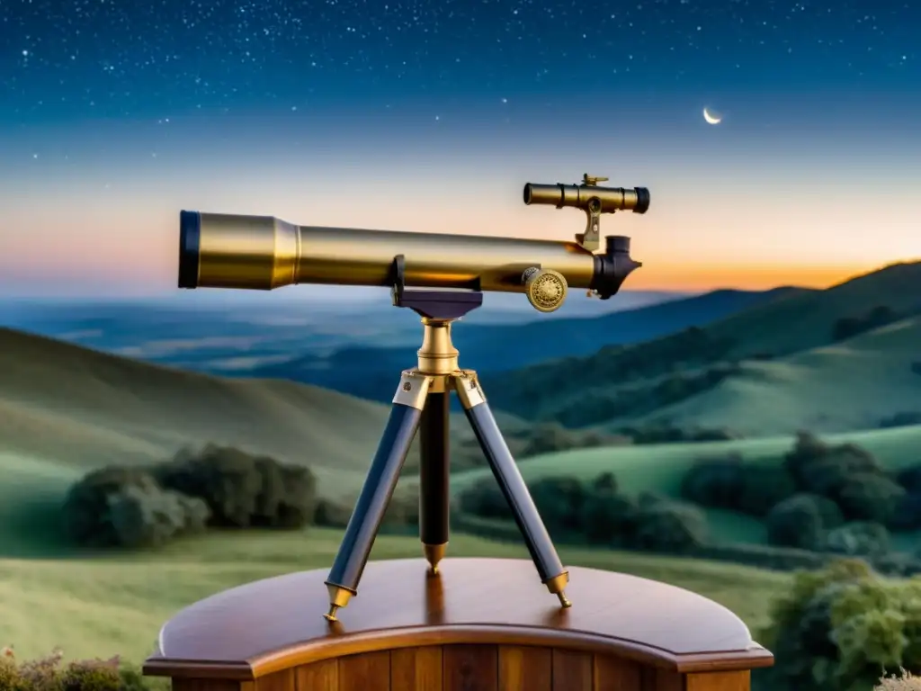 Un telescopio vintage con detalles de latón y base de madera, en un balcón de piedra con vista a un paisaje sereno y estrellado