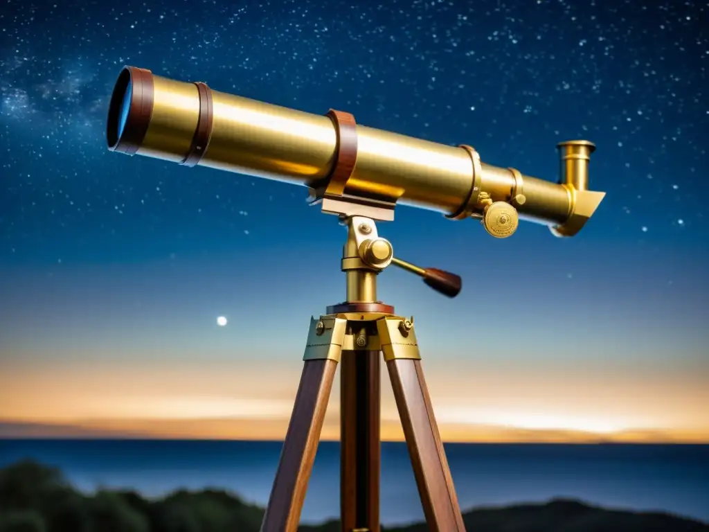 Un telescopio vintage con detalles de latón, en un cielo estrellado, capturando la belleza etérea de la astronomía amateur bajo cielos iluminados