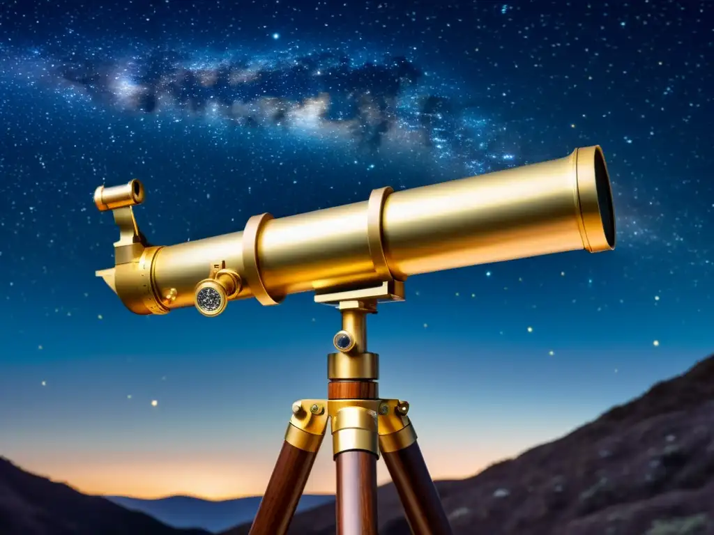 Un telescopio vintage con detalles de constelaciones y galaxias en un cielo estrellado