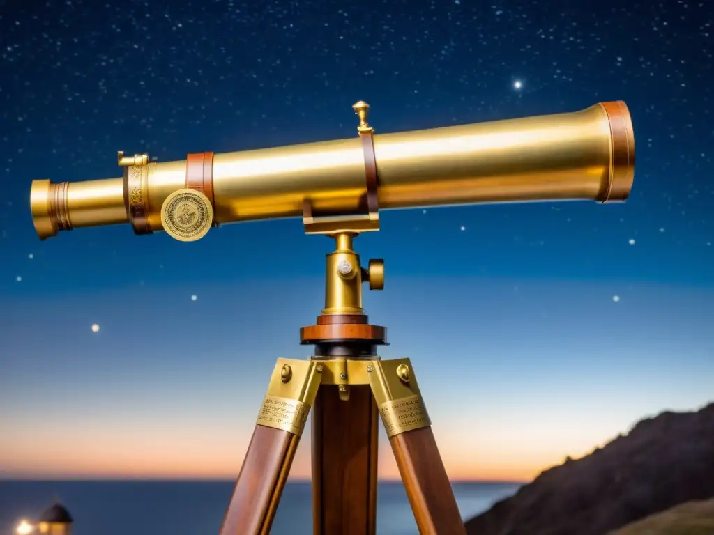 Un telescopio vintage con detalles de latón y empuñadura de cuero desgastado, apuntando al cielo estrellado