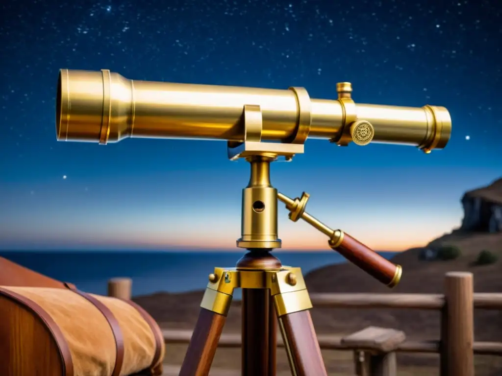 Un telescopio vintage de latón con detalles grabados y empuñadura de cuero envejecido, sobre trípode de madera, en un cielo estrellado