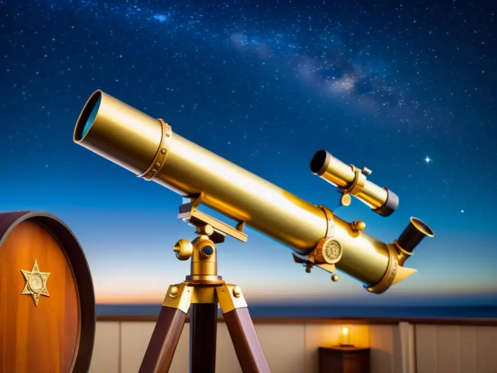 Telescopio vintage bajo el cielo estrellado: nostalgia y asombro Telescopio vintage con detalles de latón, sobre trípode de madera, mirando a un cielo estrellado