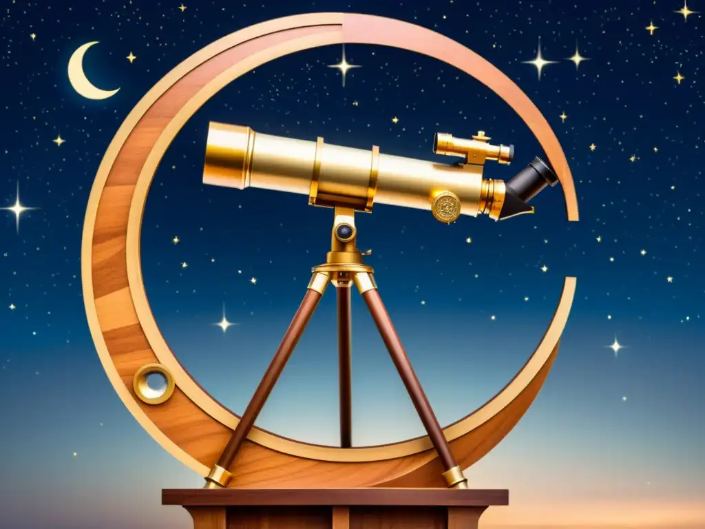 Un telescopio vintage con detalles de latón, montado en un observatorio en la azotea, destaca la luna y las estrellas