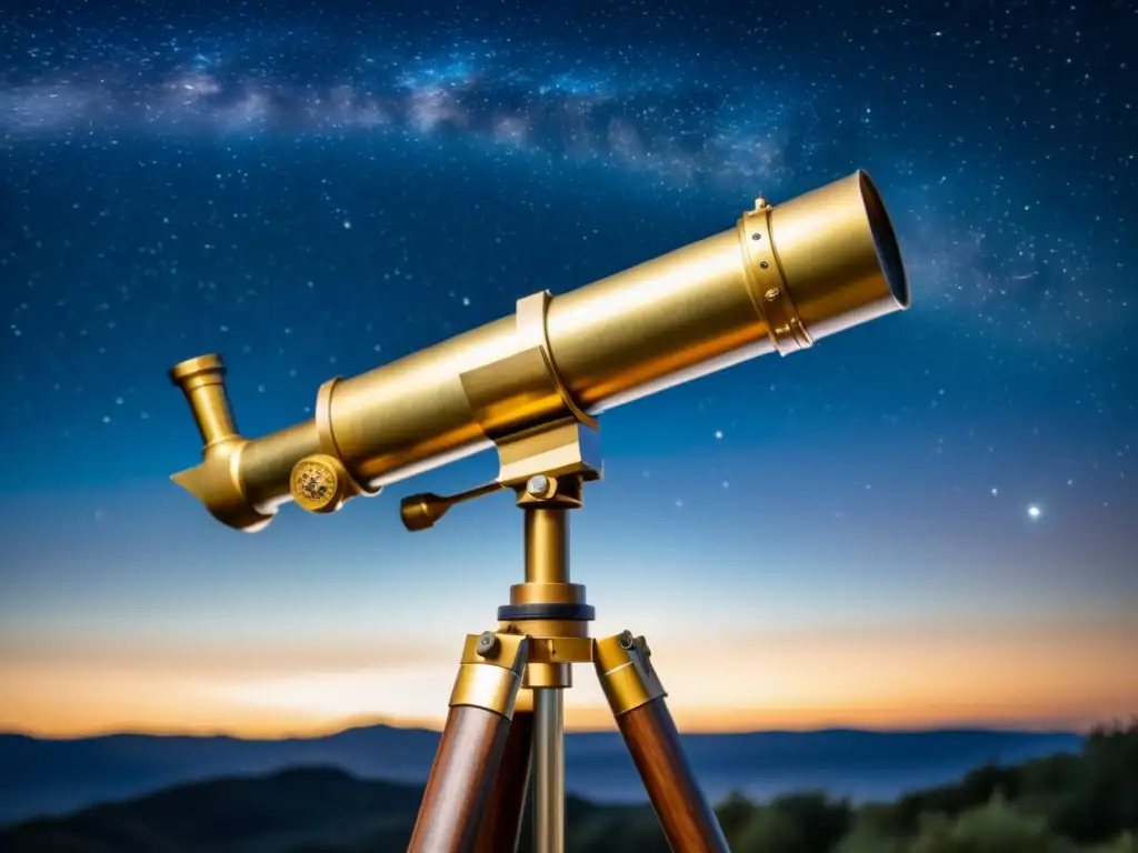 Un telescopio vintage con detalles de latón sobre un trípode de madera en una noche estrellada