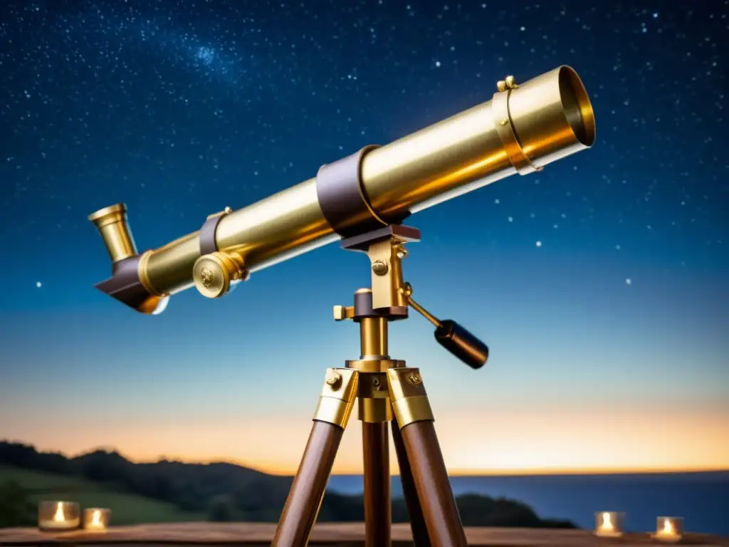 Un telescopio vintage con detalles de latón, sobre un trípode de madera antiguo, en un cielo estrellado