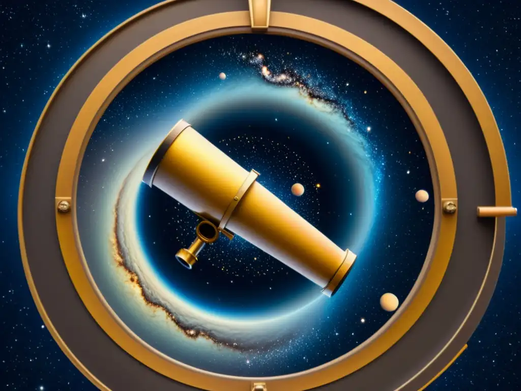 Explorando galaxias: telescopio vintage revela detalle 8K Un telescopio vintage enfocado en una galaxia distante, rodeado de mapas astronómicos antiguos
