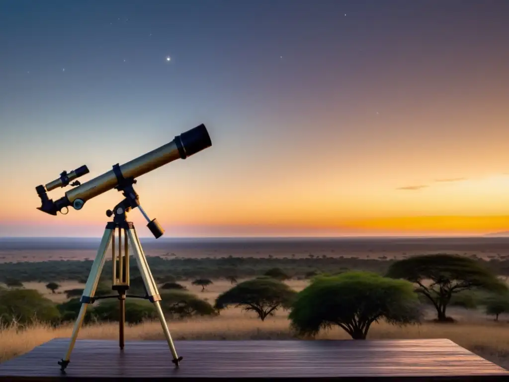 Telescopio vintage observando estrellas en la sabana africana al anochecer, evocando asombroso sentido de exploración